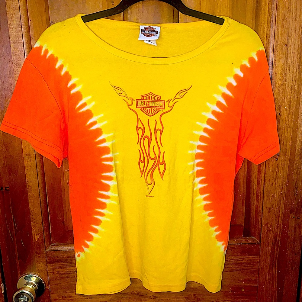 Woman’s Harley Davidson Baby Fit Orange and Yellow Tie Dye T-Shirt